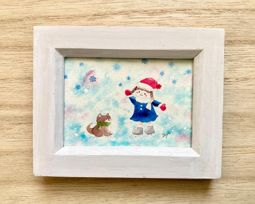 透明水彩画「豆柴ちゃんと雪遊び」イラスト ミニ額 クリスマス