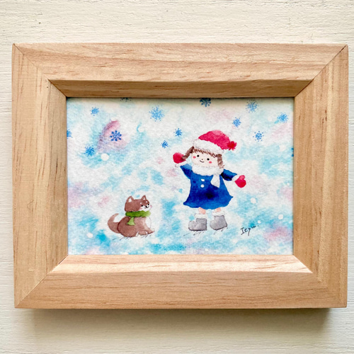 透明水彩画「豆柴ちゃんと雪遊び」イラスト ミニ額 クリスマス