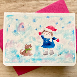 透明水彩画「豆柴ちゃんと雪遊び」2枚セット　イラストミニカード　バースデーカード　クリスマスカード　寒中見舞い　犬　柴犬 1枚目の画像