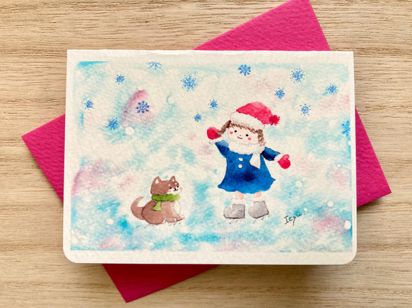 透明水彩画「豆柴ちゃんと雪遊び」2枚セット　イラストミニカード　バースデーカード　クリスマスカード　寒中見舞い　犬　柴犬 1枚目の画像