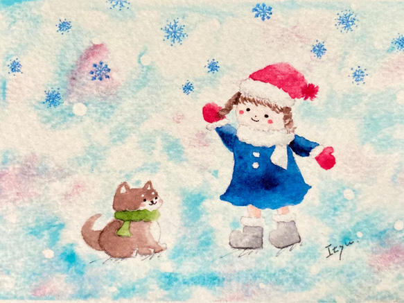 透明水彩画「豆柴ちゃんと雪遊び」2枚セット　イラストミニカード　バースデーカード　クリスマスカード　寒中見舞い　犬　柴犬 2枚目の画像