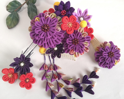 つまみ細工髪飾り #18-48 葡萄色〜ぶどういろ〜 コーム mameまめ工房  