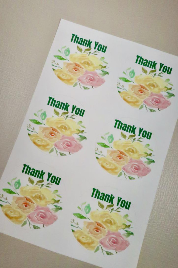 “Thank You ( ありがとう) 丸シール”・手作り・水彩画イラスト 花 シール・24枚花 シール・ 8枚目の画像