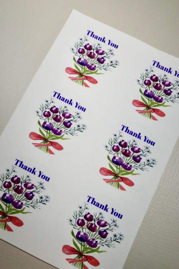 “Thank You ( ありがとう) 丸シール”・手作り・水彩画イラスト 花 シール・24枚花 シール・ 2枚目の画像