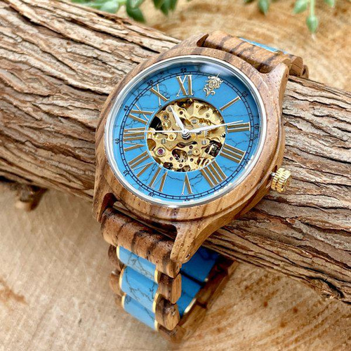 Frieden Turquoise × Zebra Wood 42mm 自動巻き木製腕時計 腕時計  