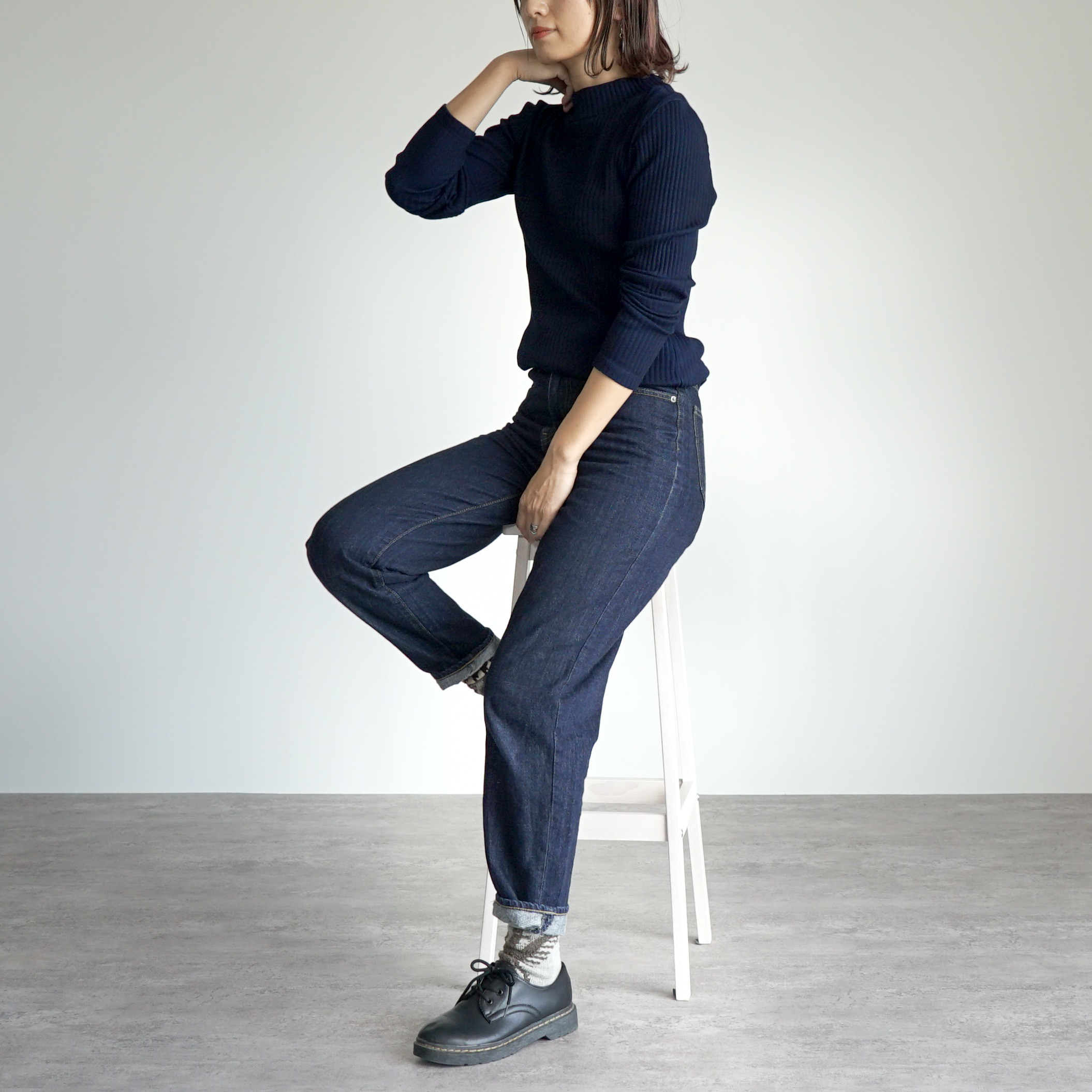 ハイネックニットトップス/ネイビー