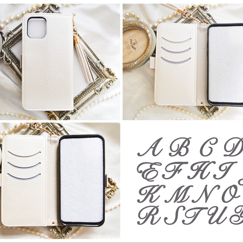 手帳型iPhone17pro,16,15,14他ホワイトゴールドオーロラクリスタル2色