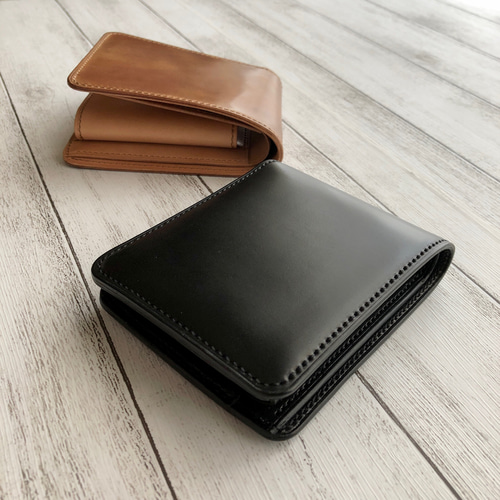 受注製作Horweenシェルコードバン ブラック 二つ折り財布 二