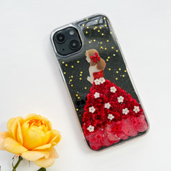 赤いドレス iPhone14Pro/SE/Xperia10IV/GALAXYS23 スマホリング 押し花ケース 6枚目の画像