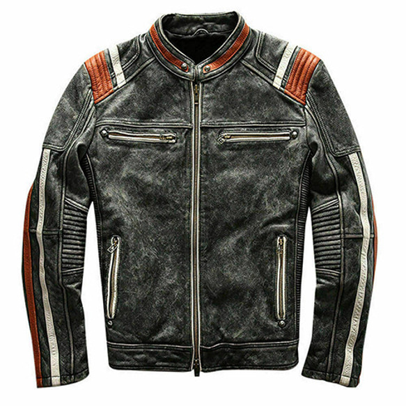 羊革・ 茶色と白ストライプの羊革ジャケット Sheep Leather Jacket with Stripes 1枚目の画像