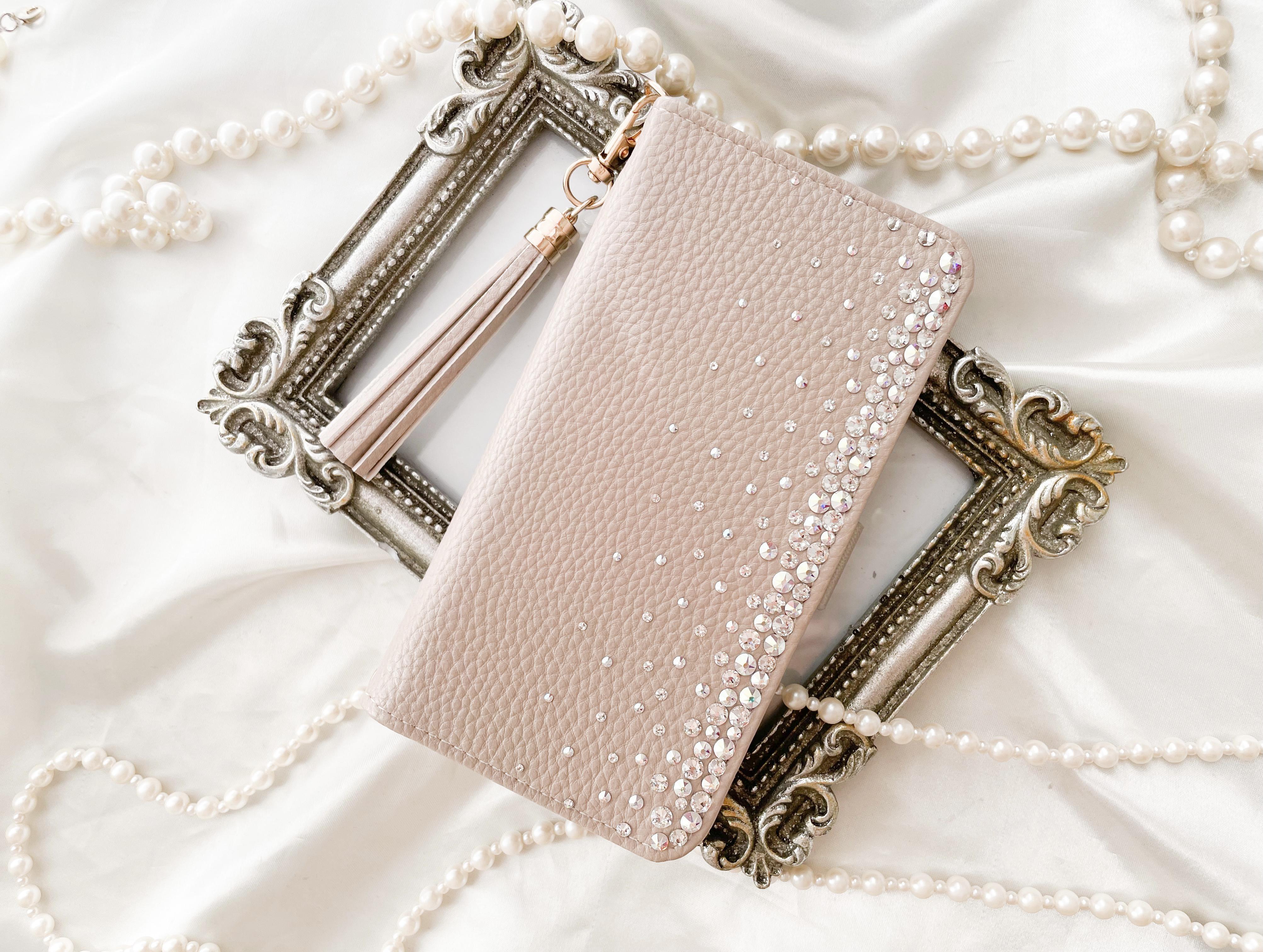 手帳型Phone17pro,Max,16,15他ベージュ2色スワロフスキーデコレーションケースオーロラくすみニュアンス