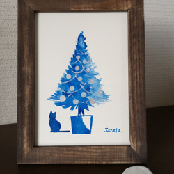 水彩原画「クリスマスツリーと佇むネコ」オリジナルアート　イラストフレーム2Ｌ　 2枚目の画像