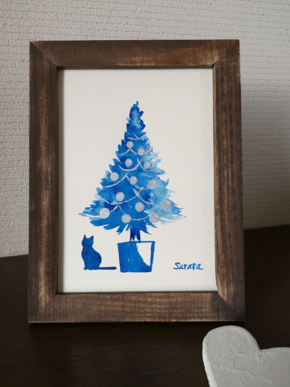 水彩原画「クリスマスツリーと佇むネコ」オリジナルアート　イラストフレーム2Ｌ　 2枚目の画像