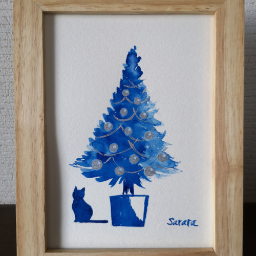 水彩原画「クリスマスツリーと佇むネコ」オリジナルアート イラスト