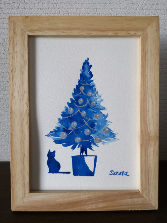 水彩原画「クリスマスツリーと佇むネコ」オリジナルアート　イラストフレーム2Ｌ　 4枚目の画像