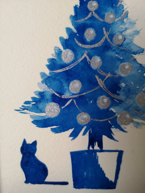 水彩原画「クリスマスツリーと佇むネコ」オリジナルアート　イラストフレーム2Ｌ　 3枚目の画像