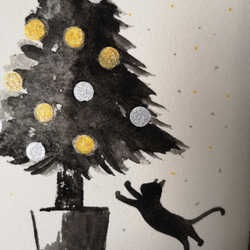 水彩原画「クリスマスツリーと飛ぶネコ」オリジナルアート　イラストフレーム2Ｌ　 2枚目の画像