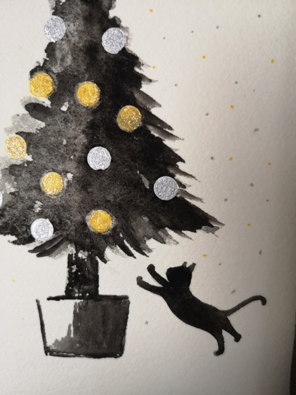 水彩原画「クリスマスツリーと飛ぶネコ」オリジナルアート　イラストフレーム2Ｌ　 2枚目の画像