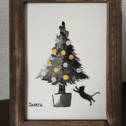 水彩原画「クリスマスツリーと飛ぶネコ」オリジナルアート　イラストフレーム2Ｌ　 1枚目の画像