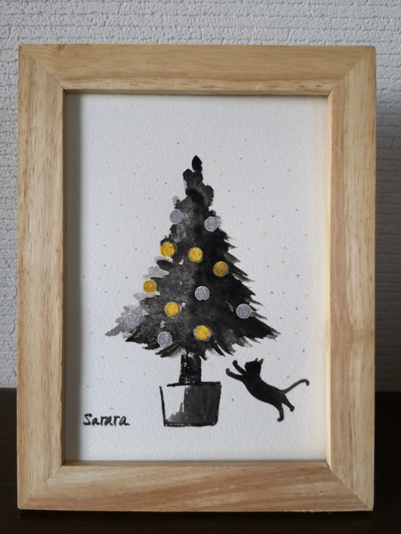 水彩原画「クリスマスツリーと飛ぶネコ」オリジナルアート　イラストフレーム2Ｌ　 3枚目の画像