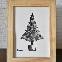 水彩原画「モノトーンクリスマスツリー」オリジナルアート　イラストフレーム2Ｌ　 3枚目の画像
