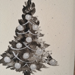 水彩原画「モノトーンクリスマスツリー」オリジナルアート　イラストフレーム2Ｌ　 2枚目の画像