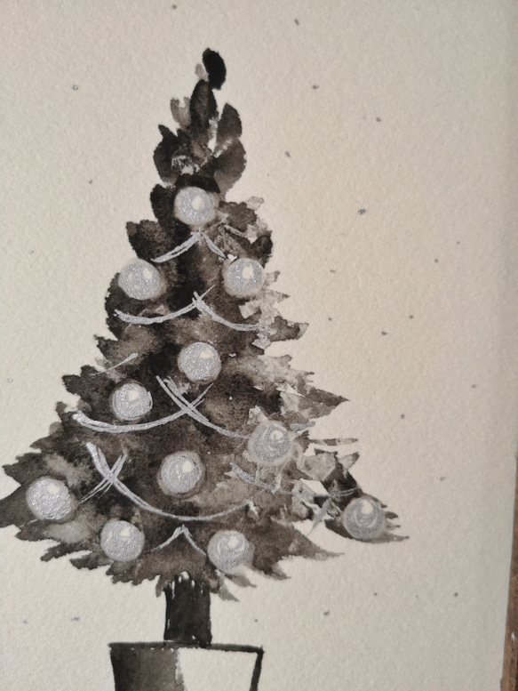 水彩原画「モノトーンクリスマスツリー」オリジナルアート　イラストフレーム2Ｌ　 2枚目の画像