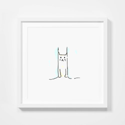カーテンからのぞく猫のイラスト額縁付きイラストカード(スクエア
