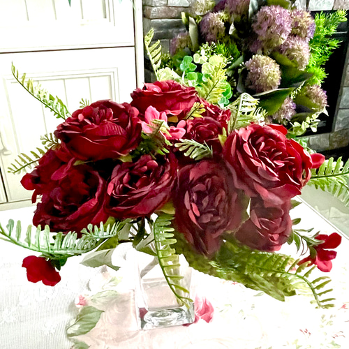 濃い赤系牡丹,アーティフィシャルフラワー,花束タイプのアレンジ用