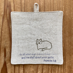 《送料無料》リネンコースター4枚セット【猫】　刺繍・麻 4枚目の画像