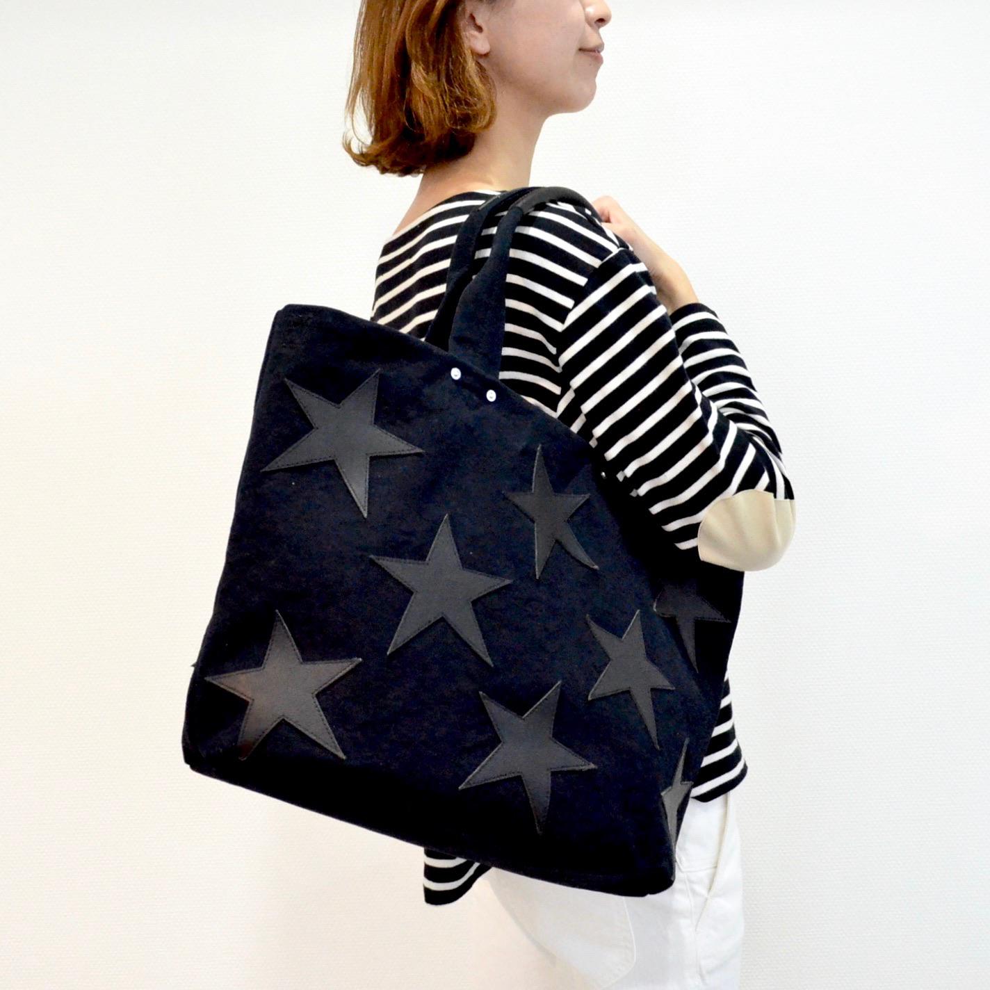 星パッチワーク付き倉敷帆布のトートバッグ ” Handsome black ” トート