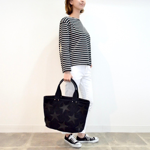 星パッチワーク付き倉敷帆布のトートバッグ ” Handsome black ” トート