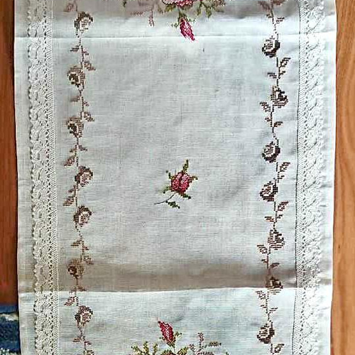 東欧　Vintage　Red刺繍　リネンテーブルクロス 東欧テーブルクロス・刺繍ステッチ・布・ドイツ・蚤の市・古道具