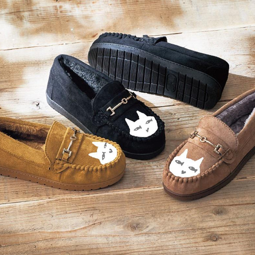 ネコ柄 レディース ボアモカシンシューズ【22.5～24.5cm】 スニーカー