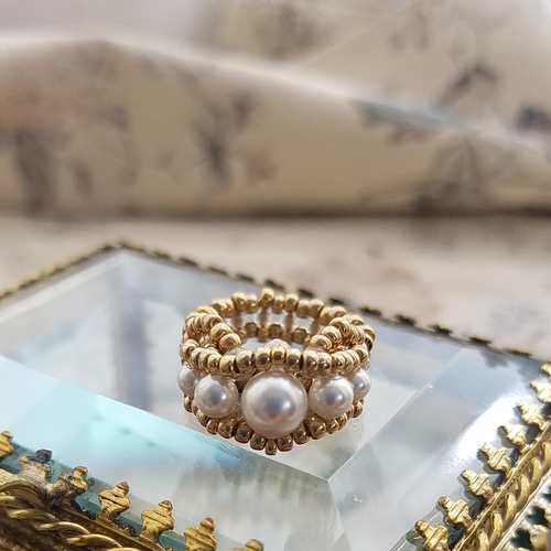 クリスタルパールのハーフエタニティリング風ビーズリング(サイズ選べ  