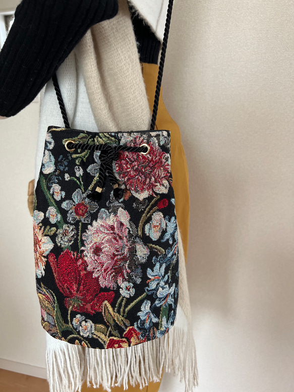 ゴブラン織り丸底巾着バッグ◇シックボタニカル 10枚目の画像