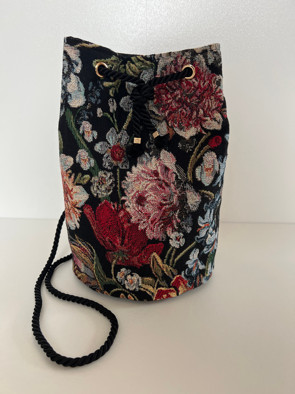 ゴブラン織り丸底巾着バッグ◇シックボタニカル 2枚目の画像