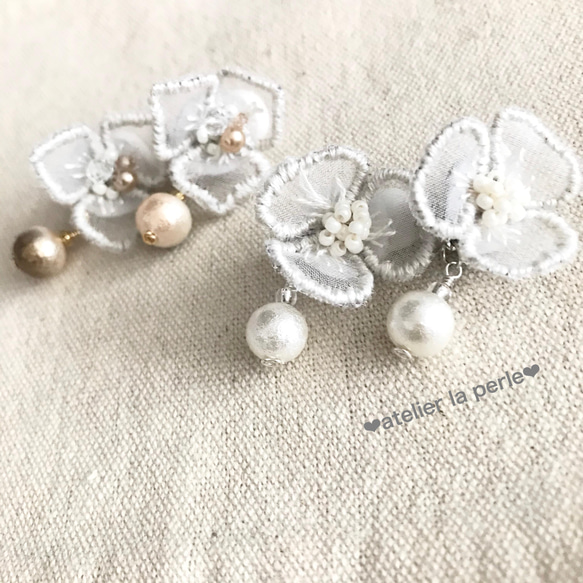 ❄️スノーパールのお花ピアス【立体刺繍】 7枚目の画像