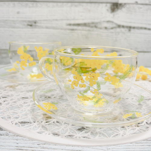 イエロー✨フラワー✨ミモザ柄✨耐熱ティーカップ&ソーサー✨✨2個SET