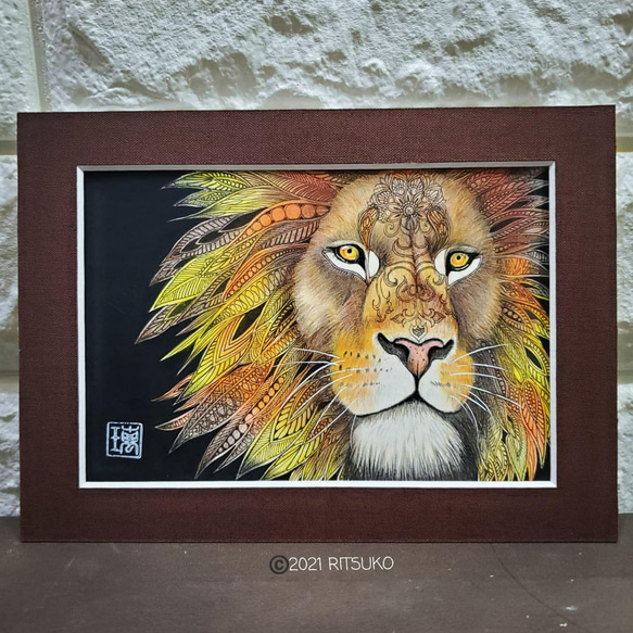 手書き油絵 七色のライオン 額付 絵画 インテリア 油彩画 手書き油絵 七色のライオン 額付 絵画 インテリア 油彩画