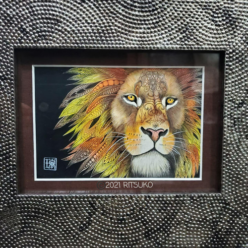 原画 1点もの 額装付き 色鉛筆画 ボールペン画 日本人作家 ライオン