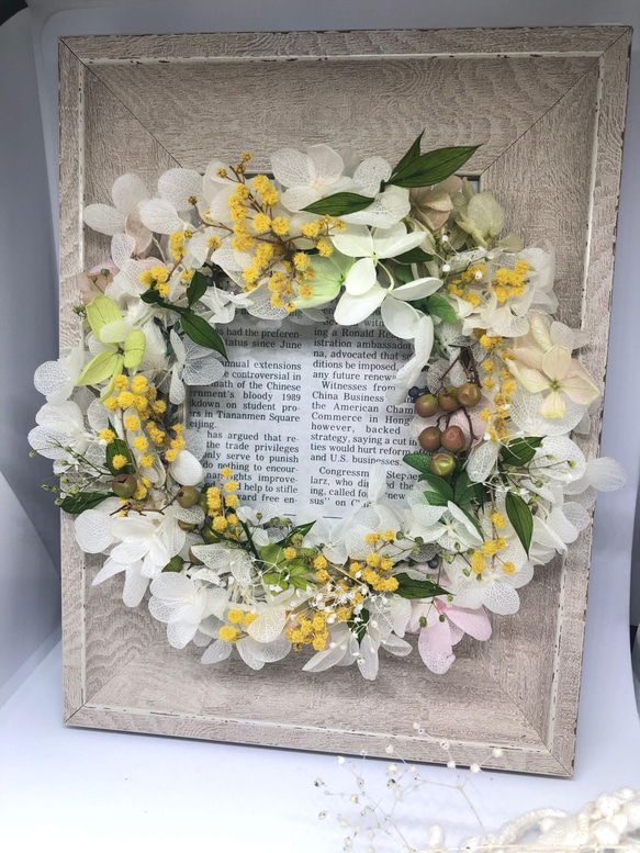 ミモザリースアレンジ ミモザ〜紫陽花〜かすみ草 プリザーブドフラワー  