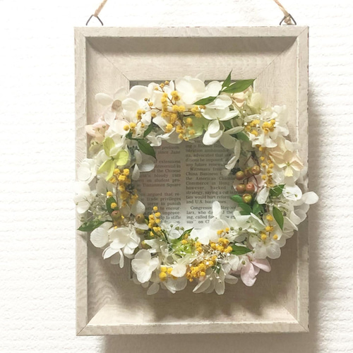 ミモザリースアレンジ ミモザ〜紫陽花〜かすみ草 プリザーブドフラワー  