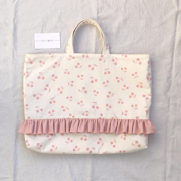 18 ハンドメイドフリルレッスンバッグフリルバッグチェック チェリー