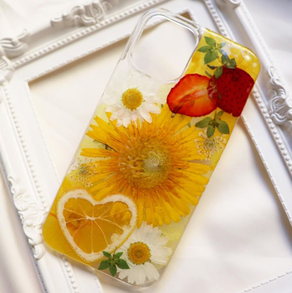 押し花 ハートレモン iPhoneケース ハンドメイド 大人可愛い - ソフト 