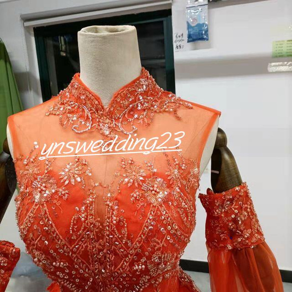 高品質！  ウェディングドレス   オレンジ   3D立体レース刺繍 キラキラチュール  取り外し袖   結婚式 3枚目の画像