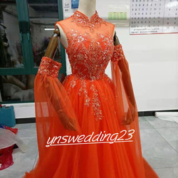 高品質！  ウェディングドレス   オレンジ   3D立体レース刺繍 キラキラチュール  取り外し袖   結婚式 2枚目の画像