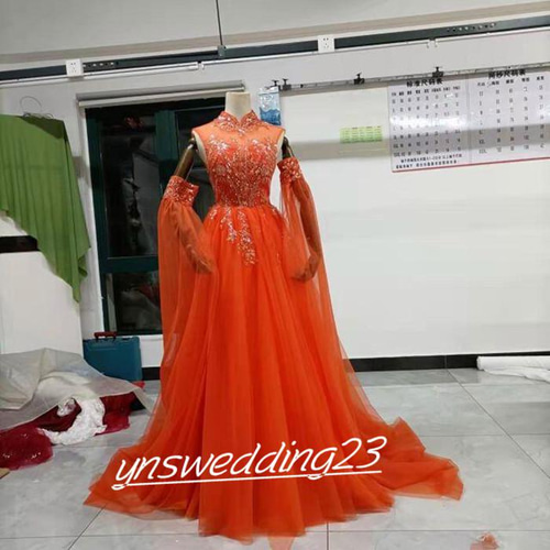 高品質！ ウェディングドレス オレンジ 3D立体レース刺繍 キラキラ  