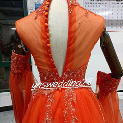 高品質！  ウェディングドレス   オレンジ   3D立体レース刺繍 キラキラチュール  取り外し袖   結婚式 5枚目の画像
