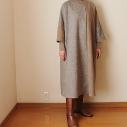バイカラーのロングワンピース　ベージュ　ツイード×ヘリンボーン 3枚目の画像